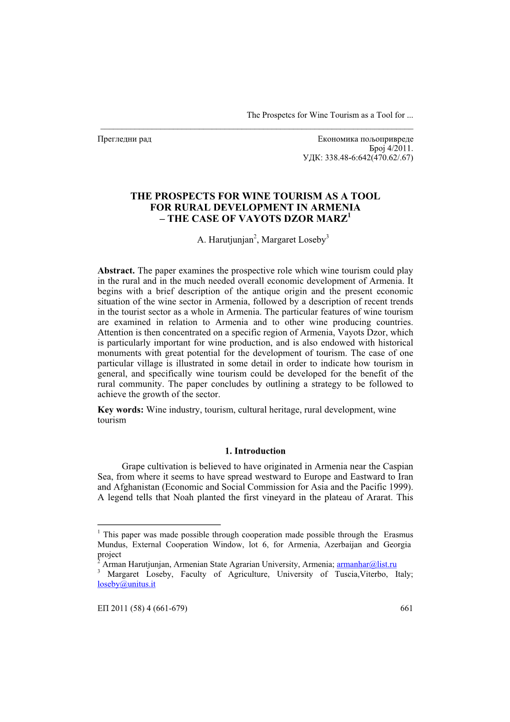 The Prospects for Wine Tourism As a Tool for Rural Development in Armenia – the Case of Vayots Dzor Marz1