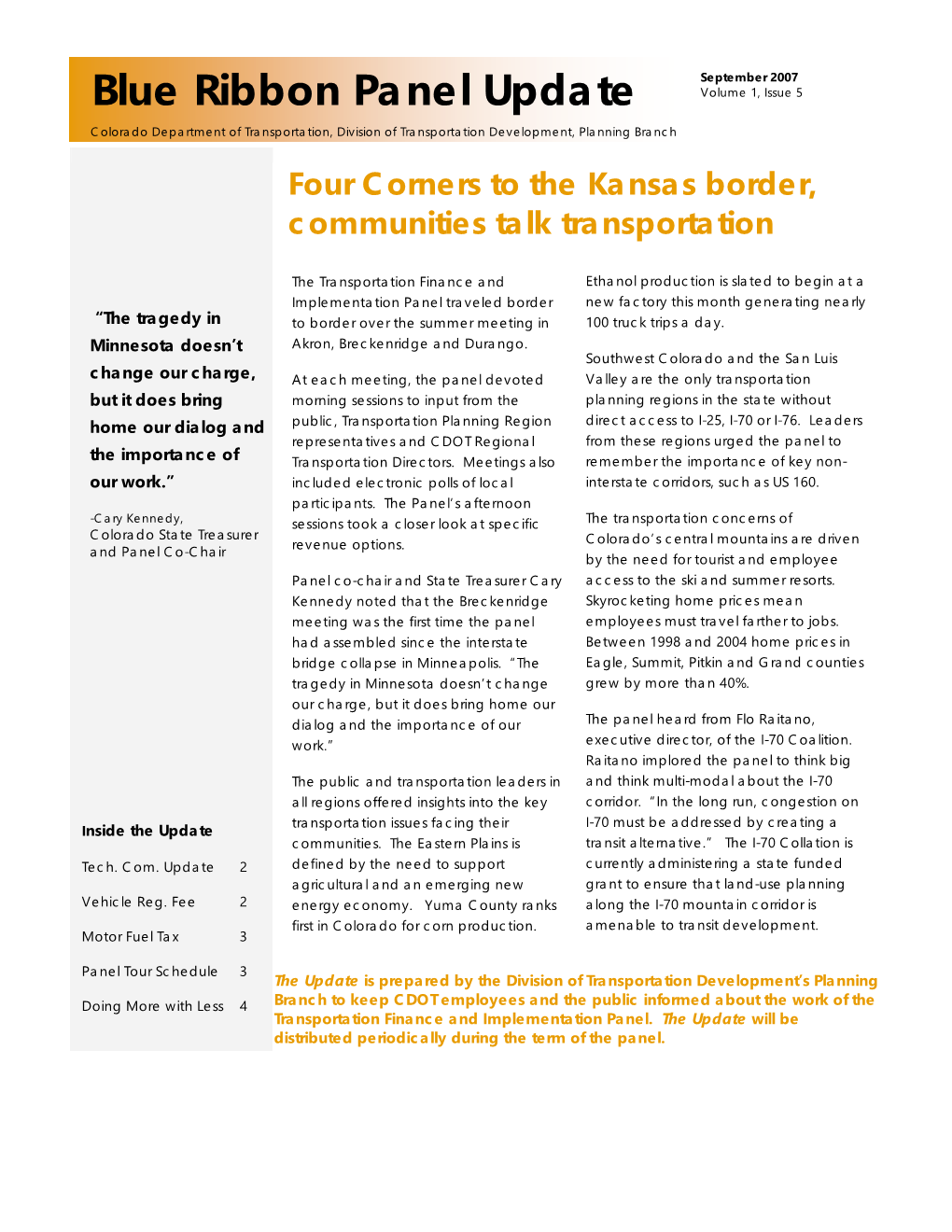 Blue Ribbon Panel Update Colorado Department of Transportation, Division of Transportation Development, Planning Branch