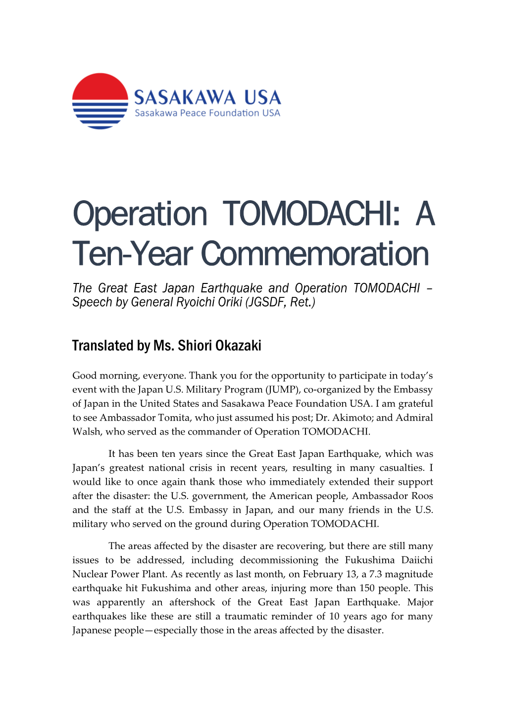 Operation TOMODACHI: a Ten-Year Commemoration the Great East Japan Earthquake and Operation TOMODACHI – Speech by General Ryoichi Oriki (JGSDF, Ret.)