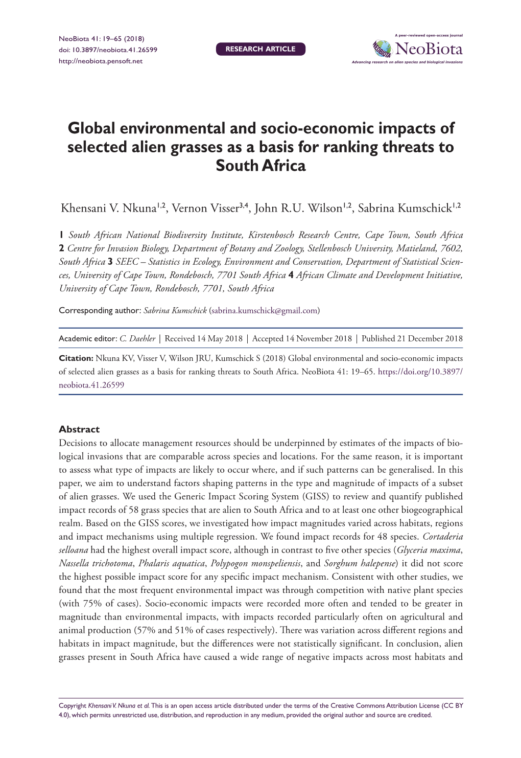 Global Environmental and Socio-Economic Impacts of Selected Alien Grasses As a Basis for Ranking Threats to South Africa