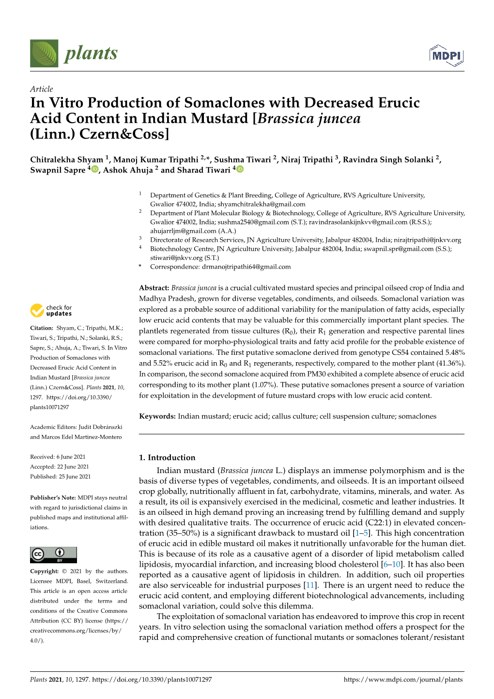 In Vitro Production of Somaclones with Decreased Erucic Acid Content in Indian Mustard [Brassica Juncea (Linn.) Czern&Coss]