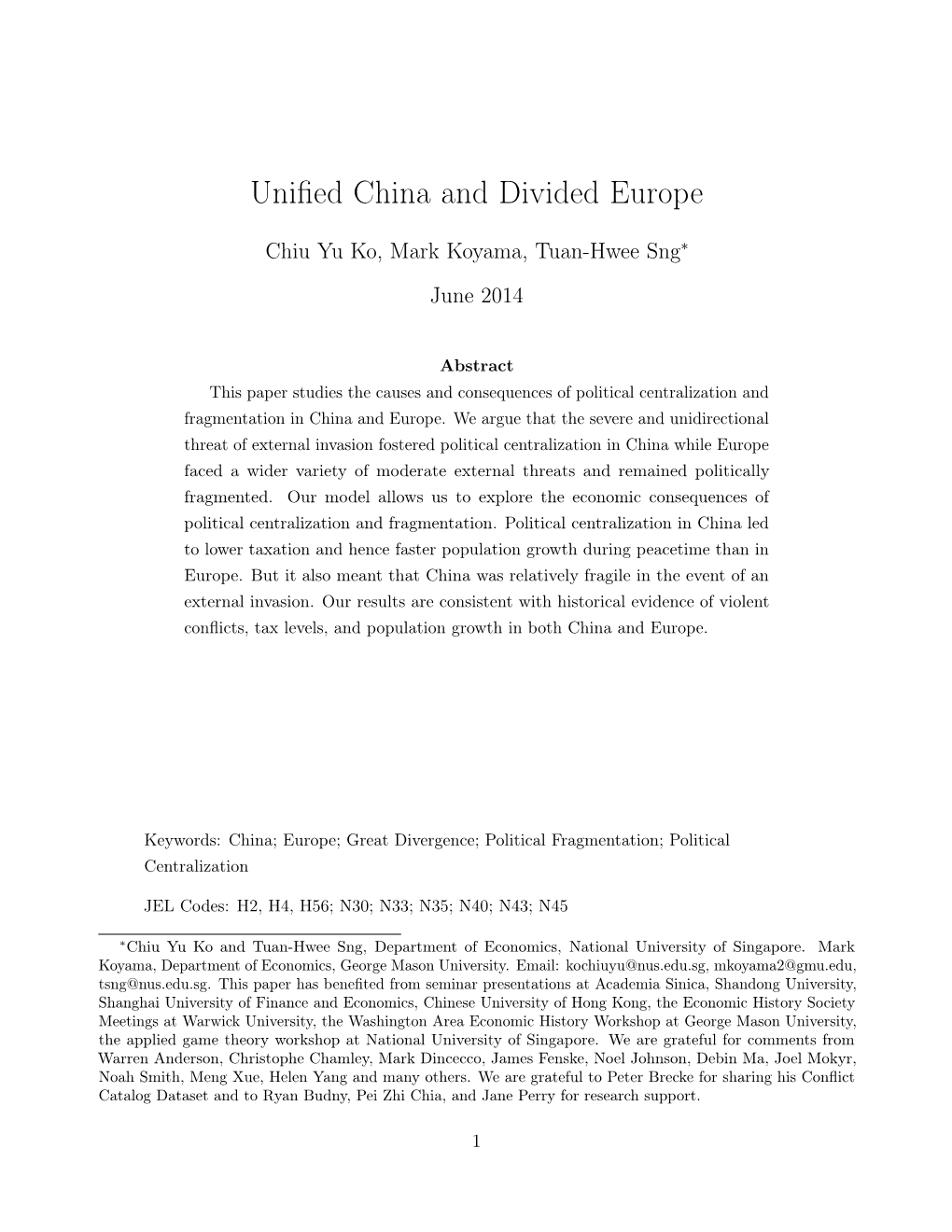 Unified China and Divided Europe