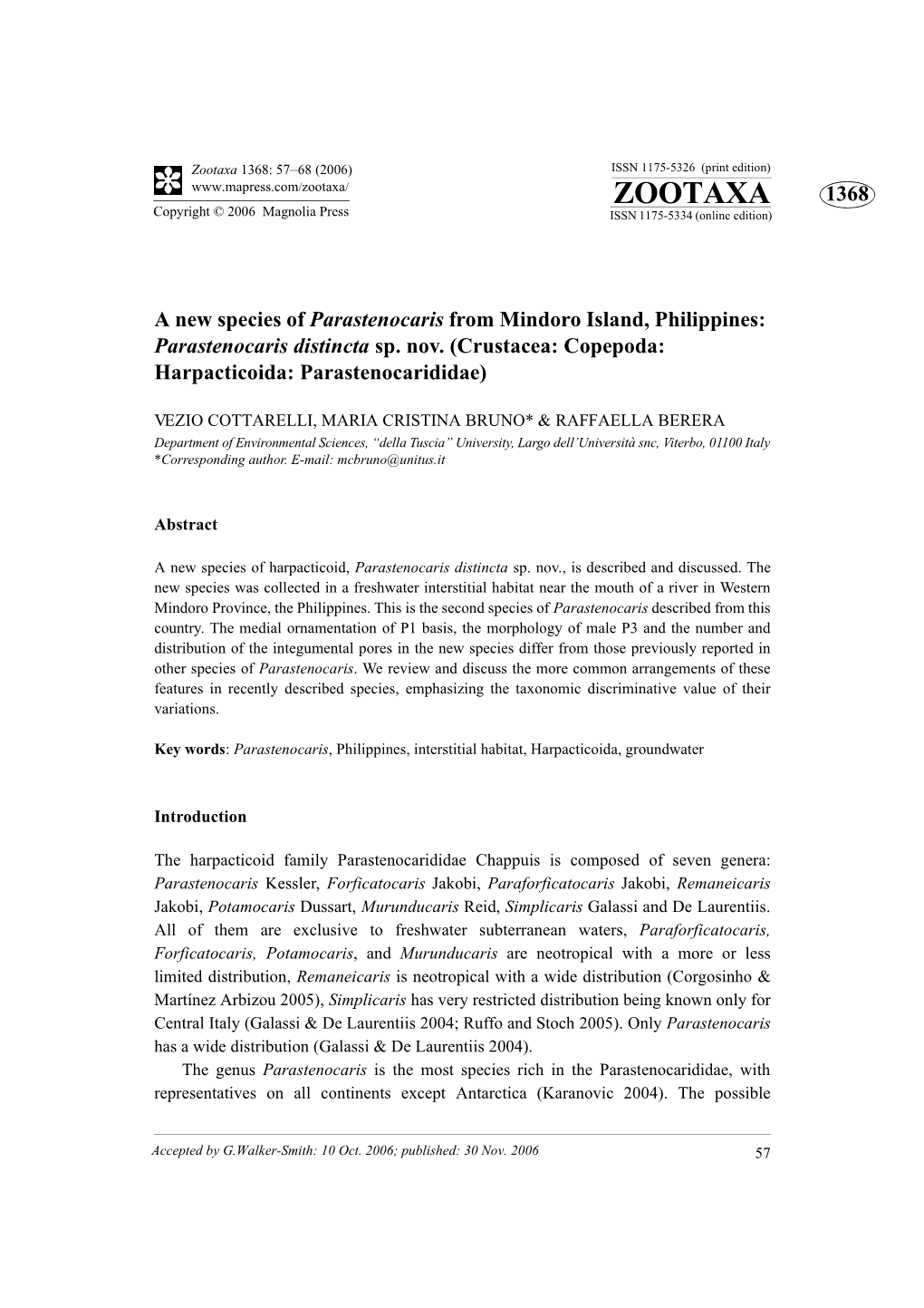 Zootaxa 1368: 57–68 (2006) ISSN 1175-5326 (Print Edition) ZOOTAXA 1368 Copyright © 2006 Magnolia Press ISSN 1175-5334 (Online Edition)