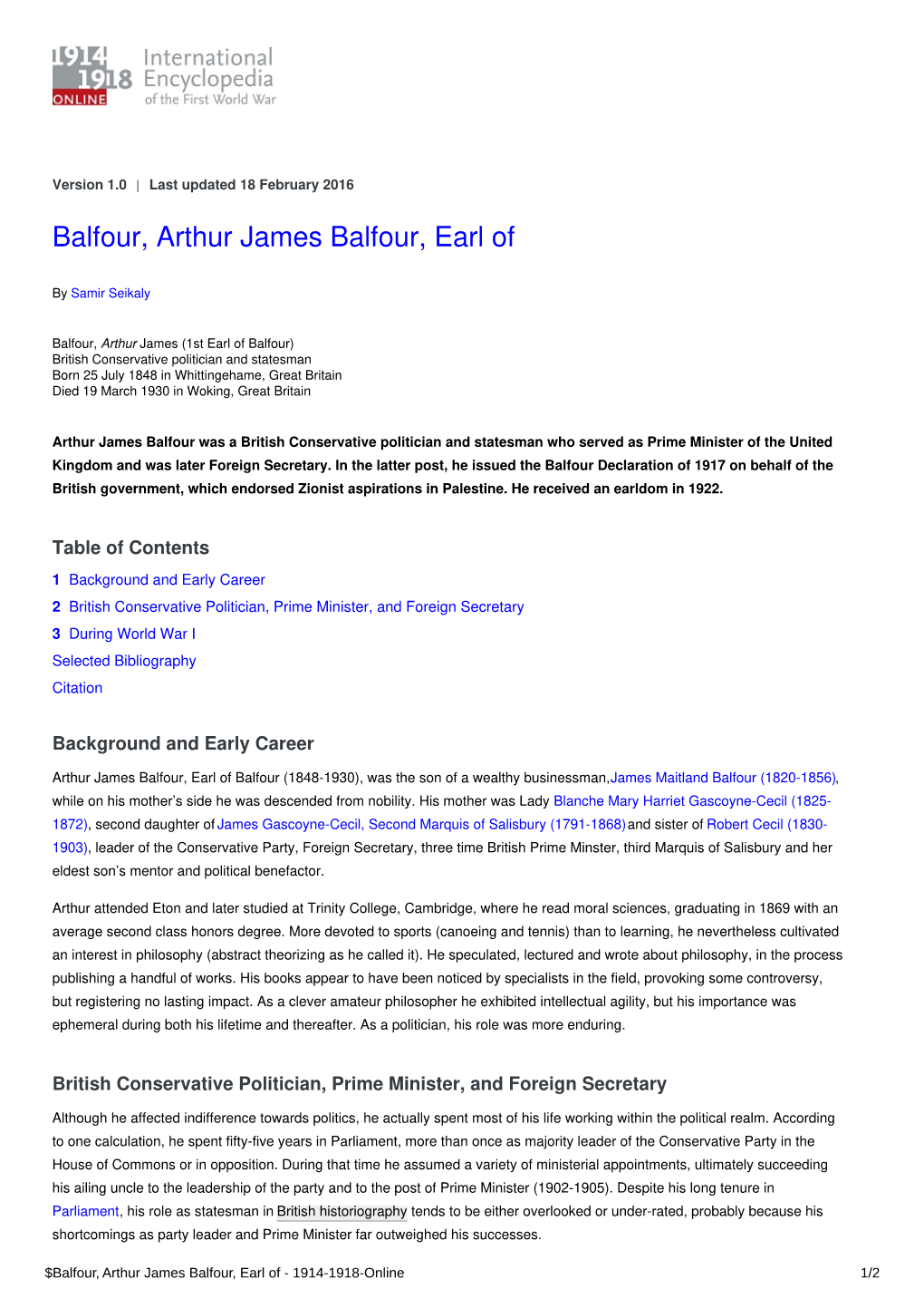 Balfour, Arthur James Balfour, Earl of | International Encyclopedia of The
