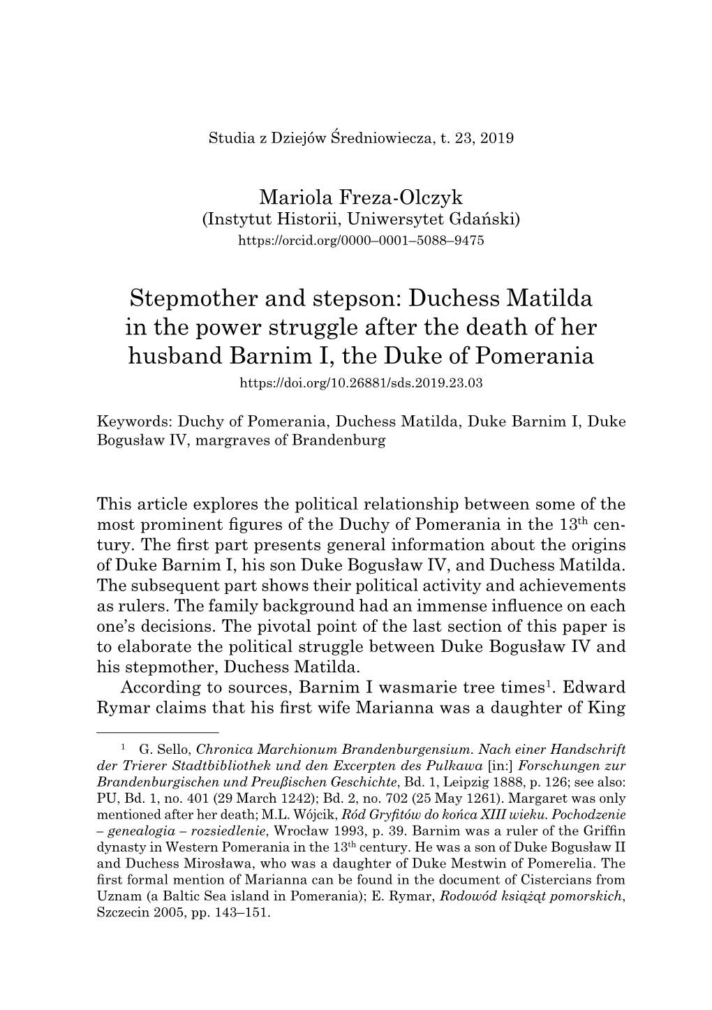 Stepmother and Stepson: Duchess Matilda in the Power Struggle After the Death of Her Husband Barnim I, the Duke of Pomerania