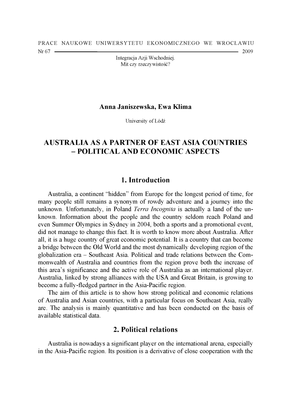 Australia As a Partner of East Asia Countries – Political and Economic