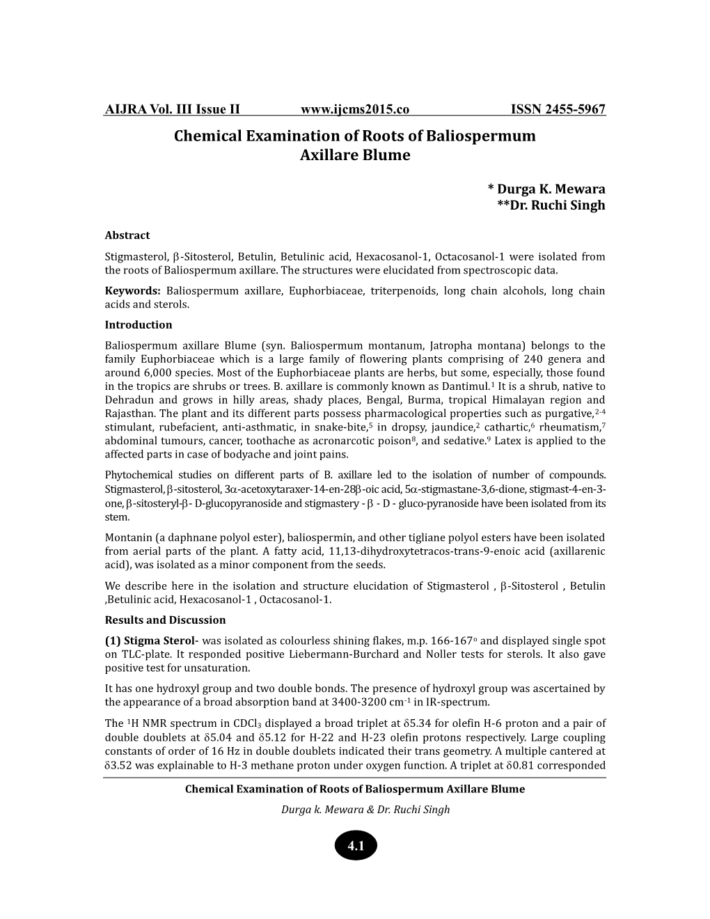 Chemical Examination of Roots of Baliospermum Axillare Blume