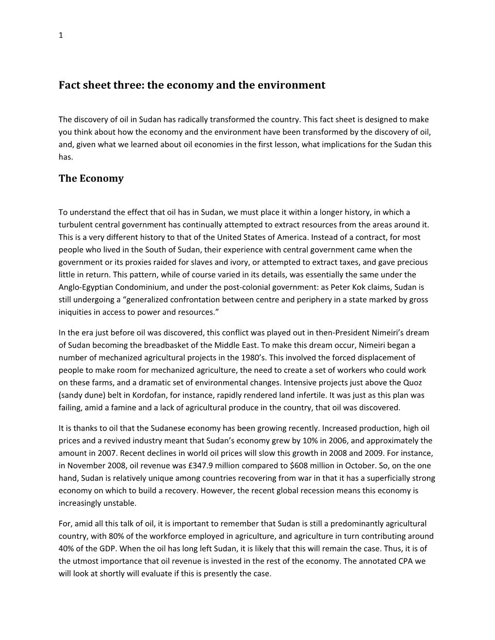 Fact Sheet Three: the Economy and the Environment
