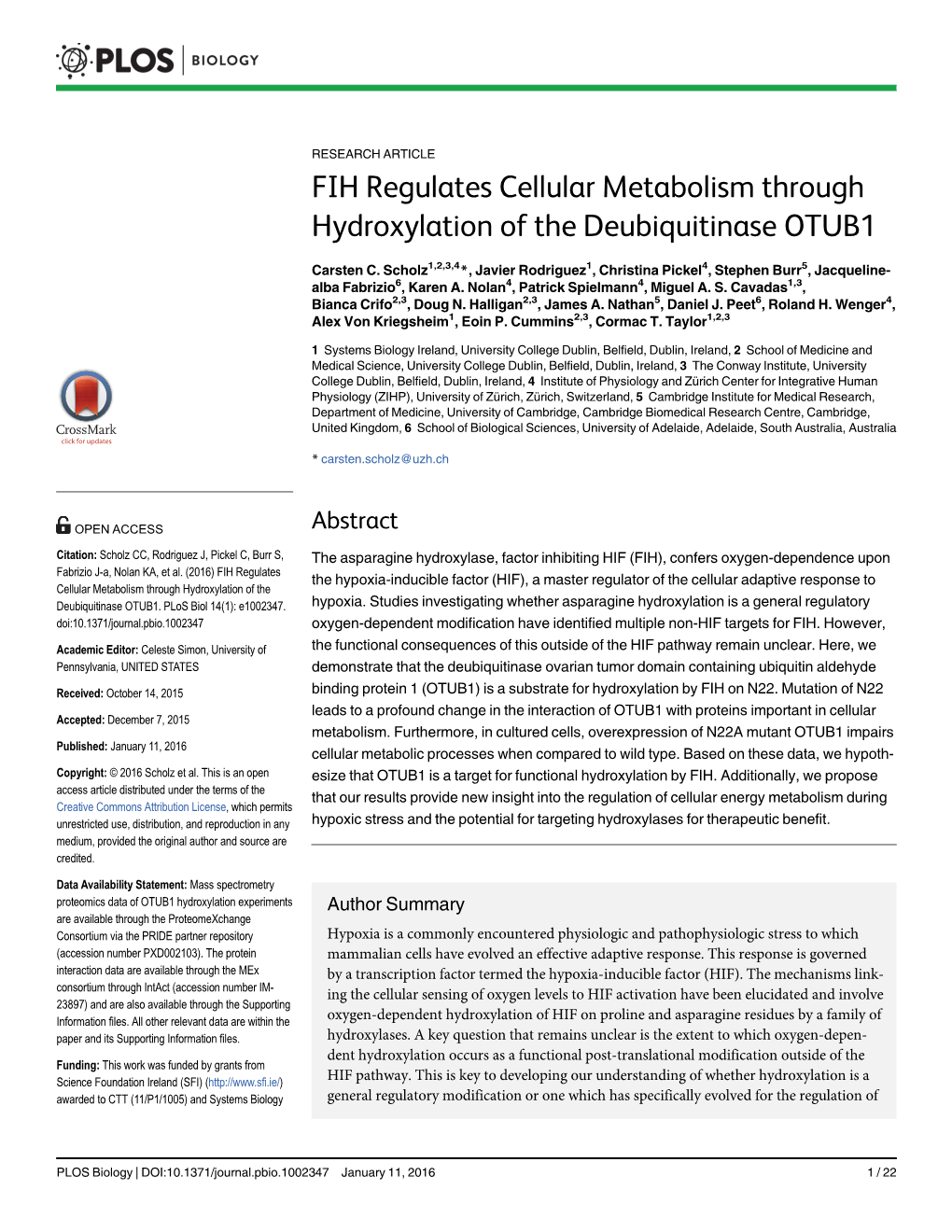 FIH Regulates Cellular Metabolism Through Hydroxylation of the Deubiquitinase OTUB1