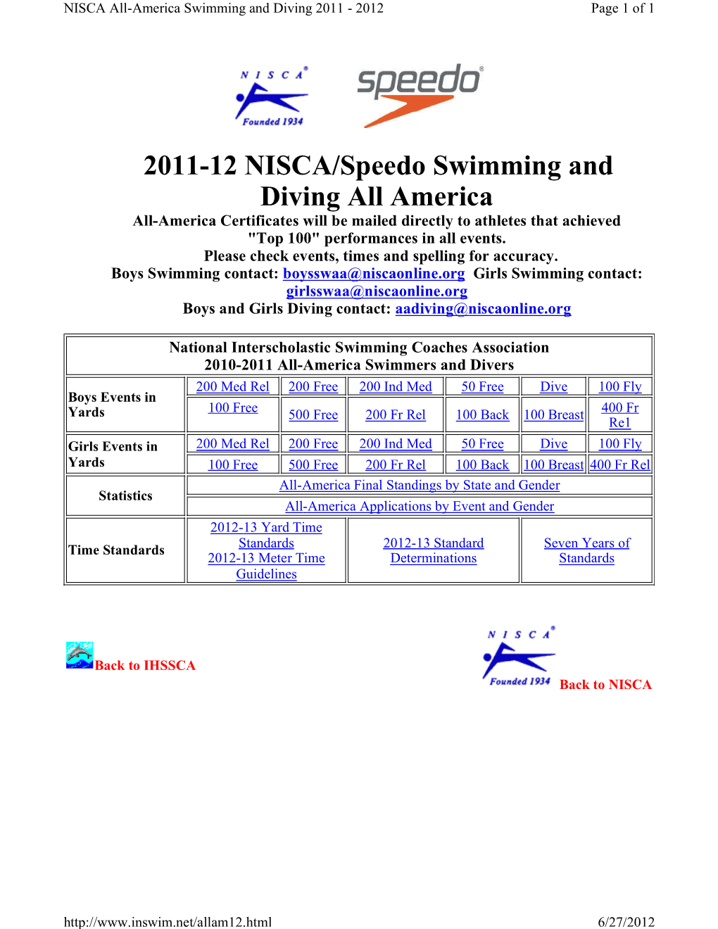 2011-12 NISCA/Speedo Swimming and Diving All America All-America Certificates Will Be Mailed Directly to Athletes That Achieved "Top 100" Performances in All Events