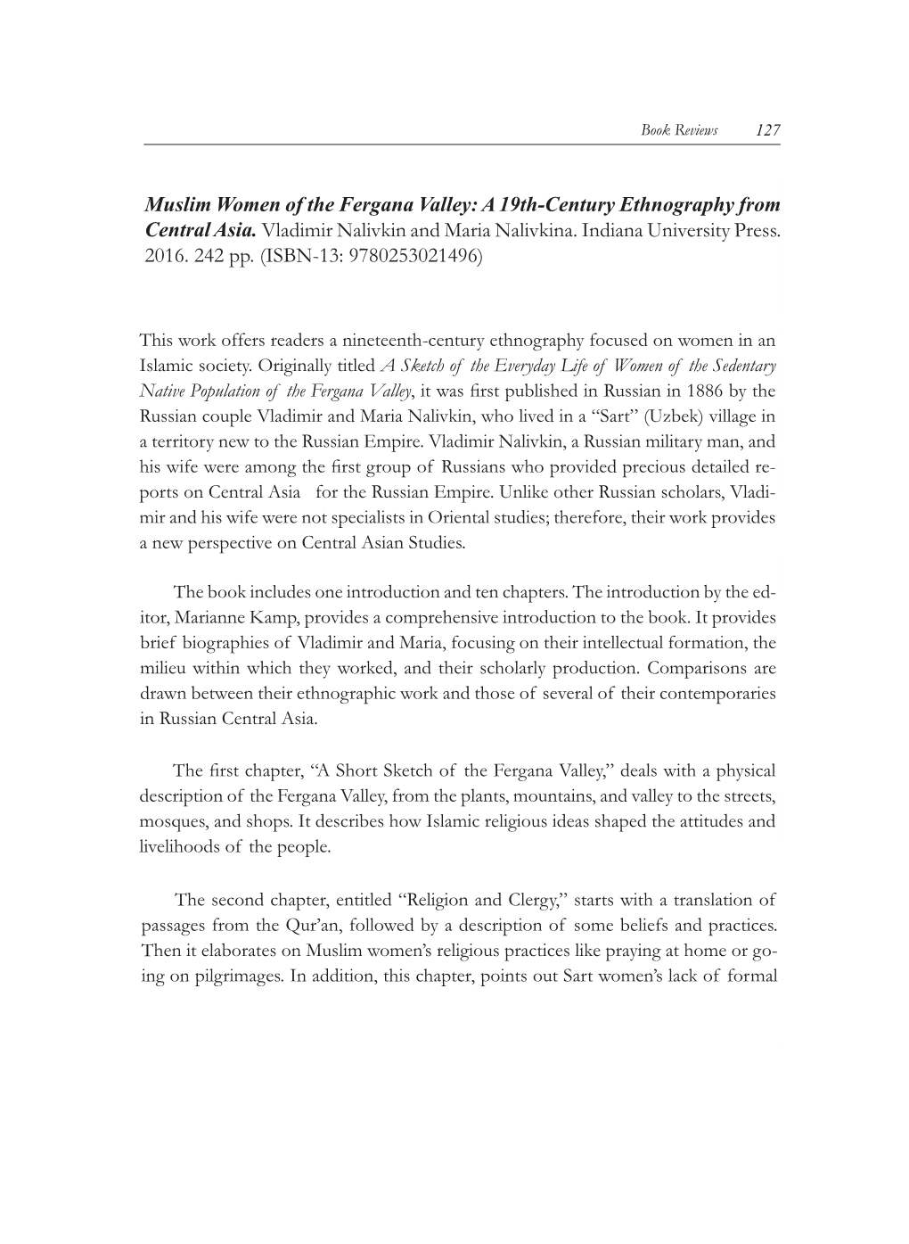 Muslim Women of the Fergana Valley: a 19Th-Century Ethnography from Central Asia