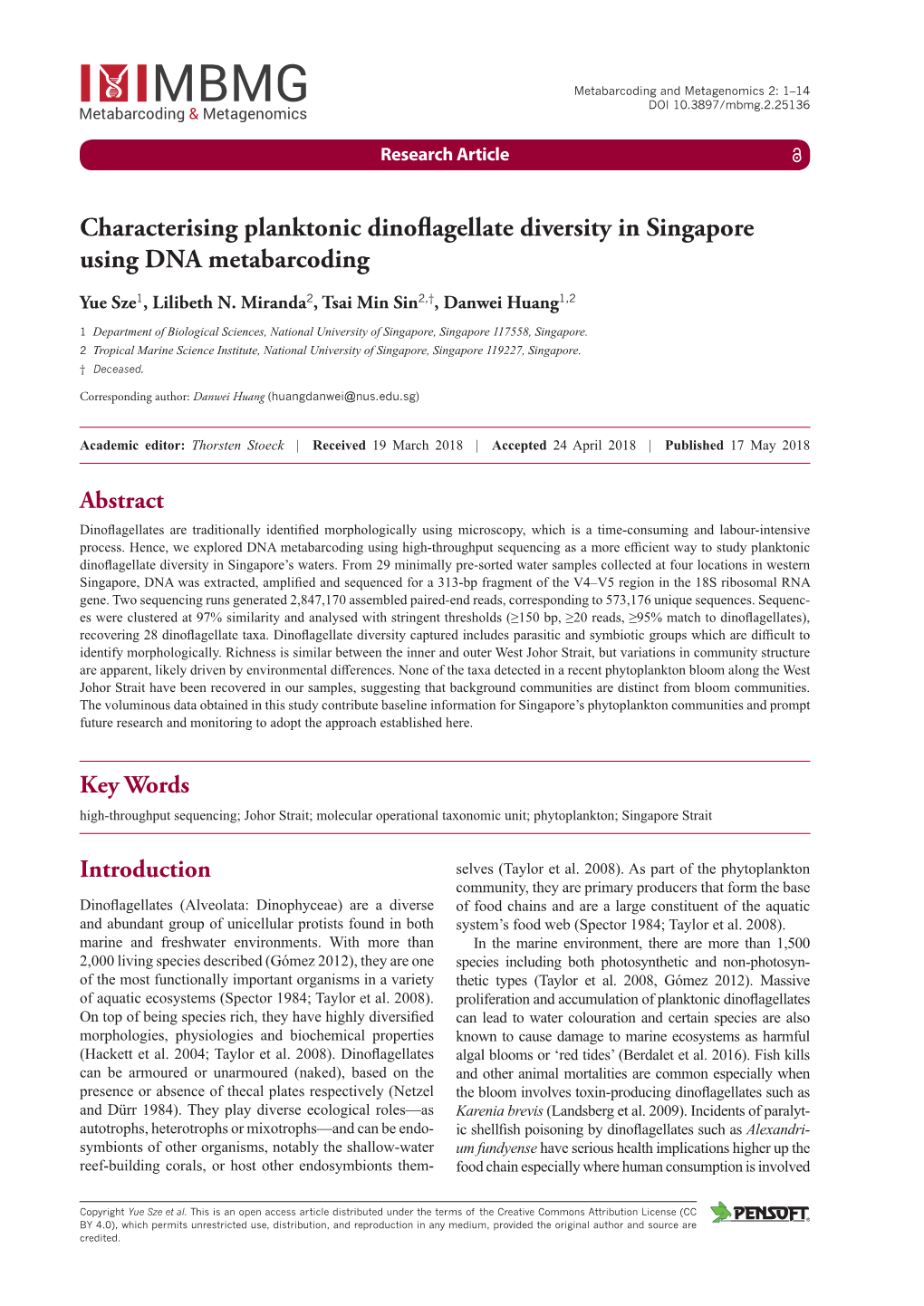 Characterising Planktonic Dinoflagellate Diversity in Singapore Using DNA Metabarcoding