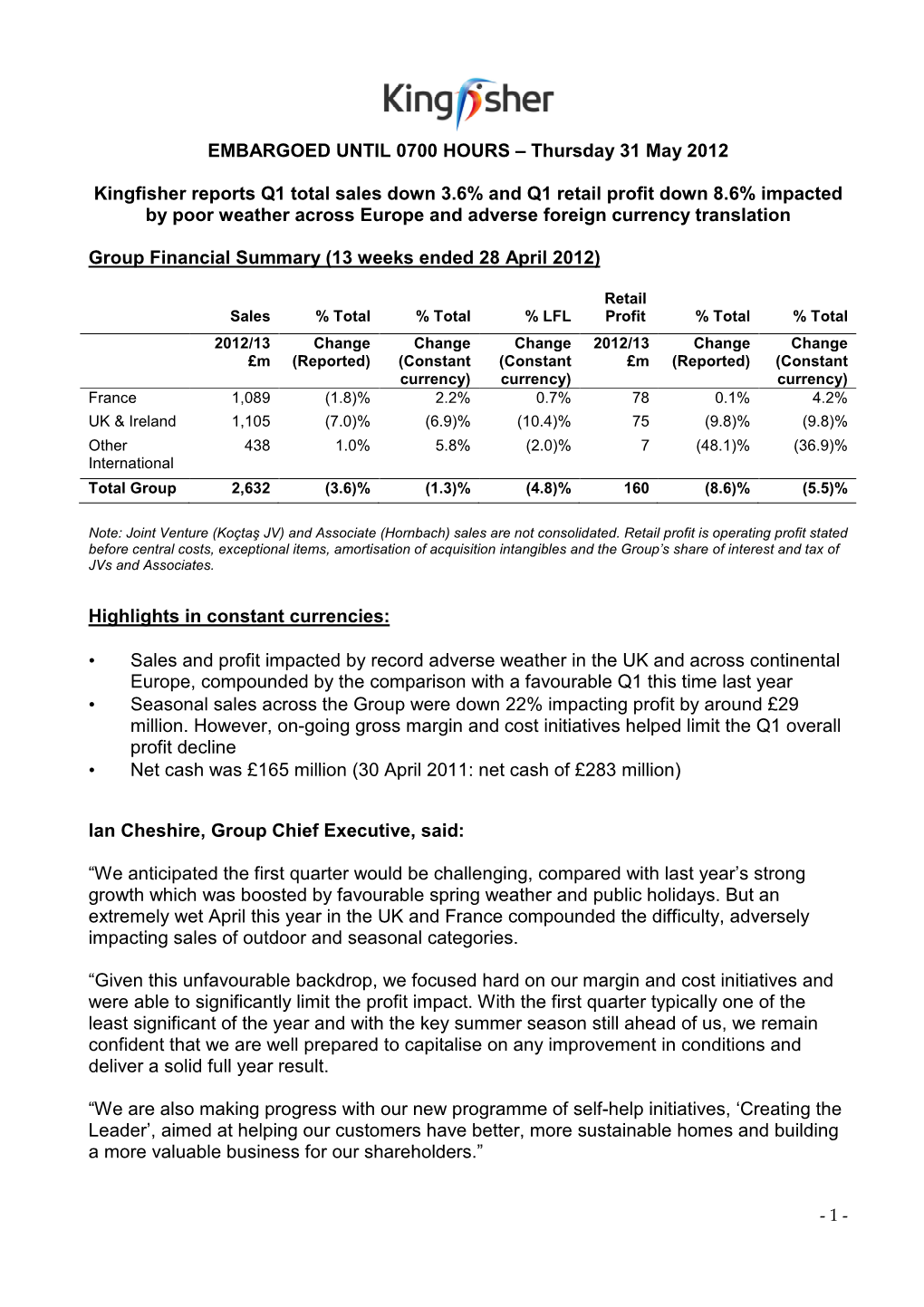 First Quarter Trading Update 2012