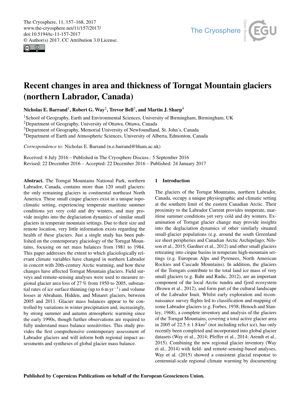 Recent Changes in Area and Thickness of Torngat Mountain Glaciers (Northern Labrador, Canada)