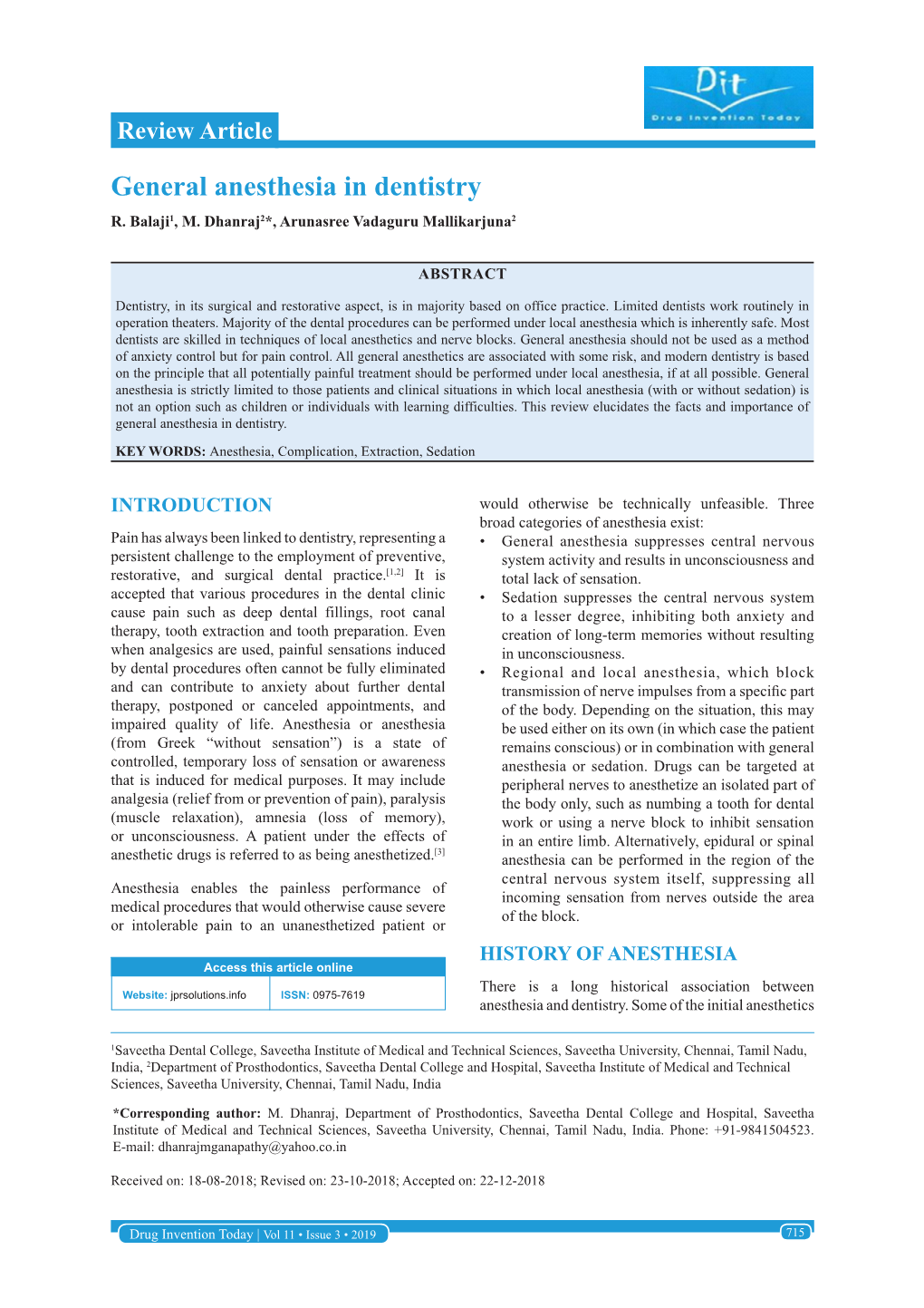 General Anesthesia in Dentistry R