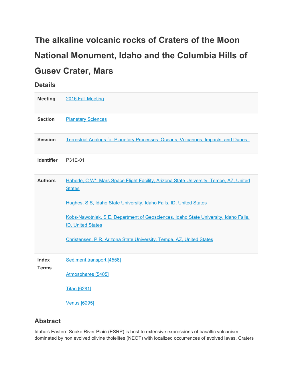 The Alkaline Volcanic Rocks of Craters of the Moon National Monument, Idaho and the Columbia Hills of Gusev Crater, Mars Details