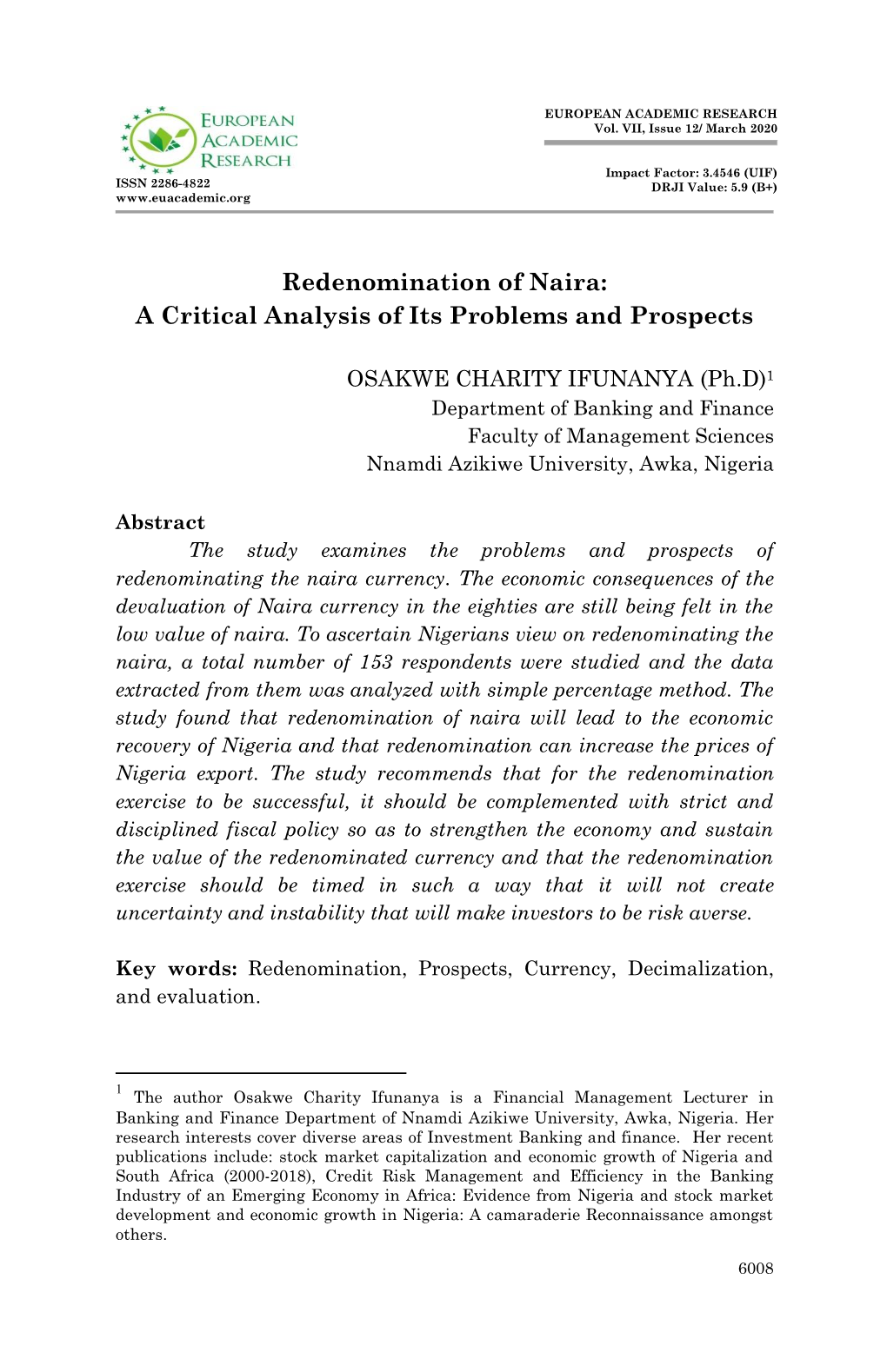 Redenomination of Naira: a Critical Analysis of Its Problems and Prospects