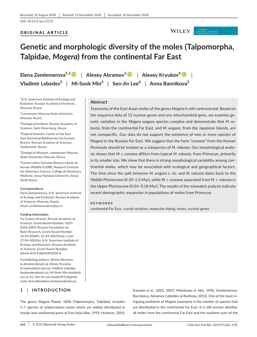 Genetic and Morphologic Diversity of the Moles (Talpomorpha, Talpidae, Mogera) from the Continental Far East