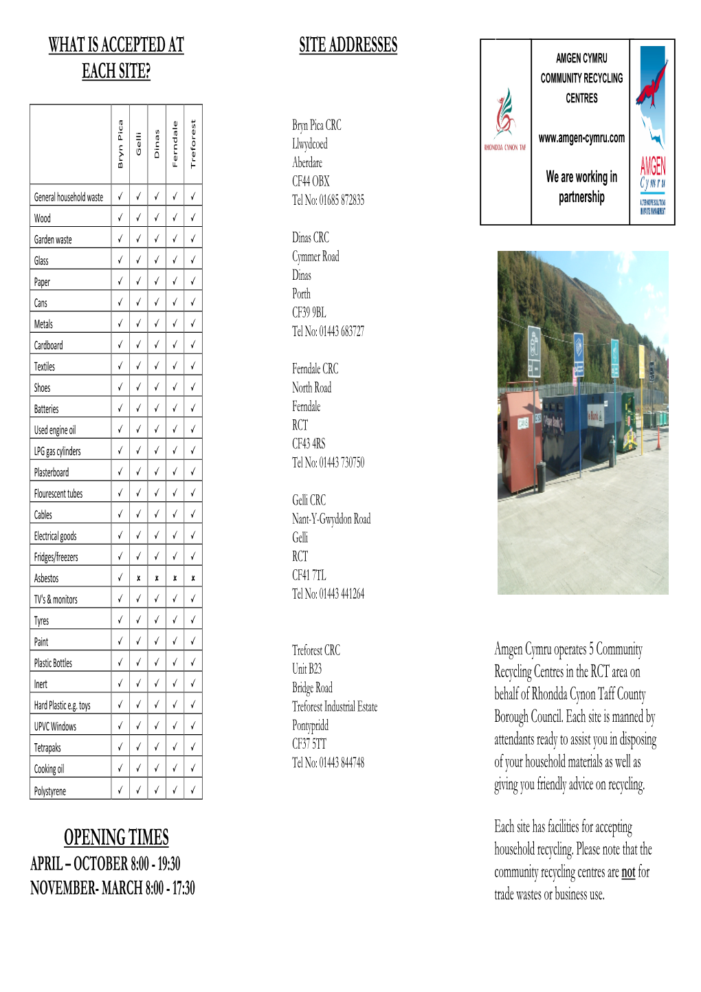 OPENING TIMES Household Recycling