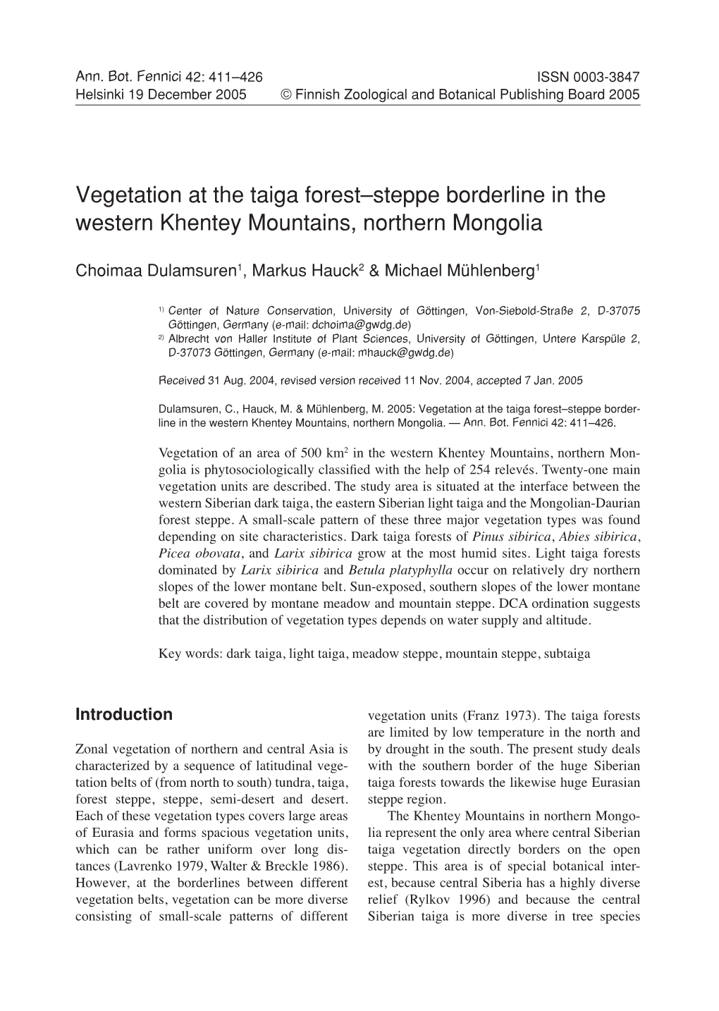 Vegetation at the Taiga Forest–Steppe Borderline in the Western Khentey Mountains, Northern Mongolia