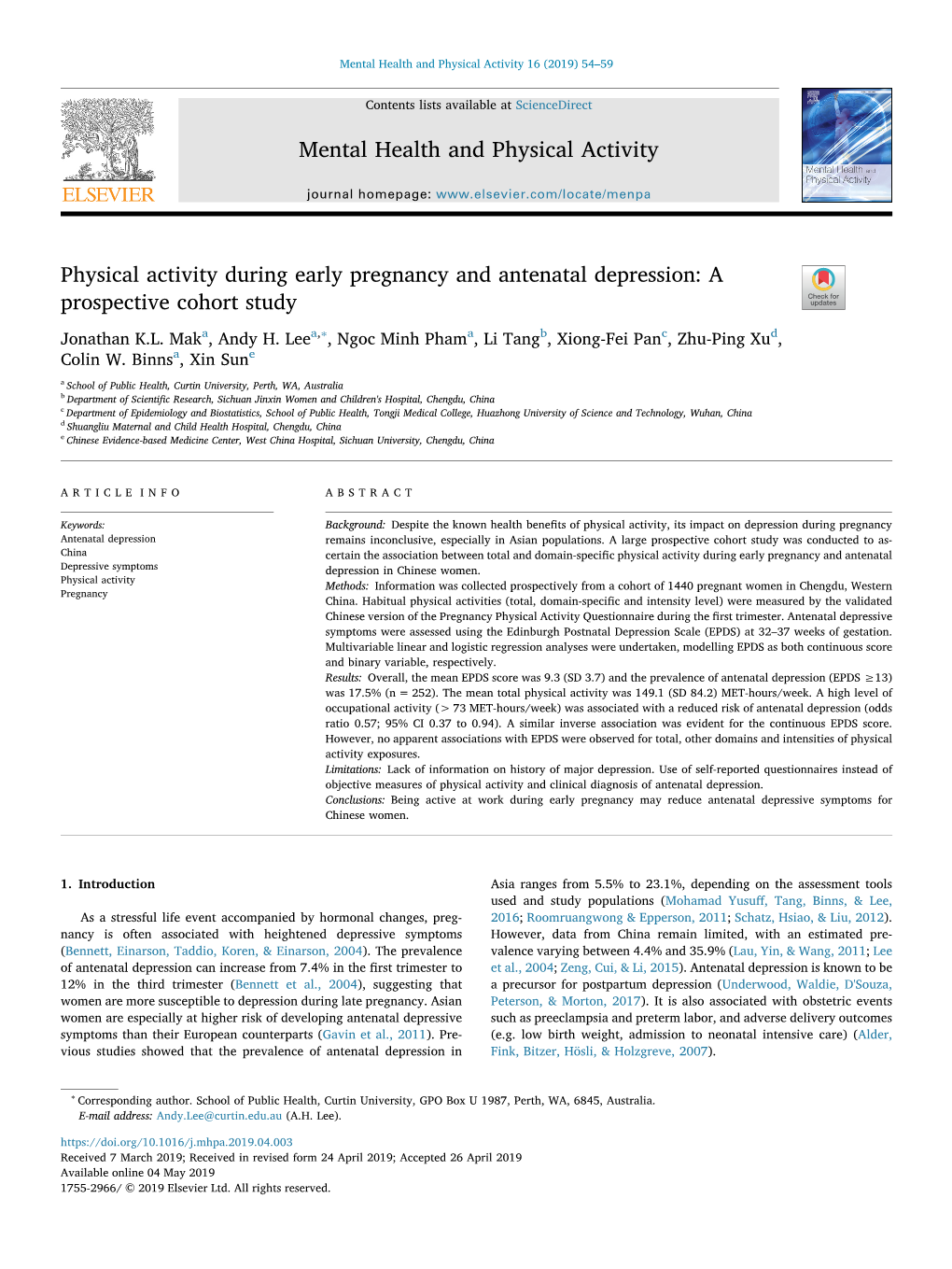 Physical Activity During Early Pregnancy and Antenatal Depression: a Prospective Cohort Study T