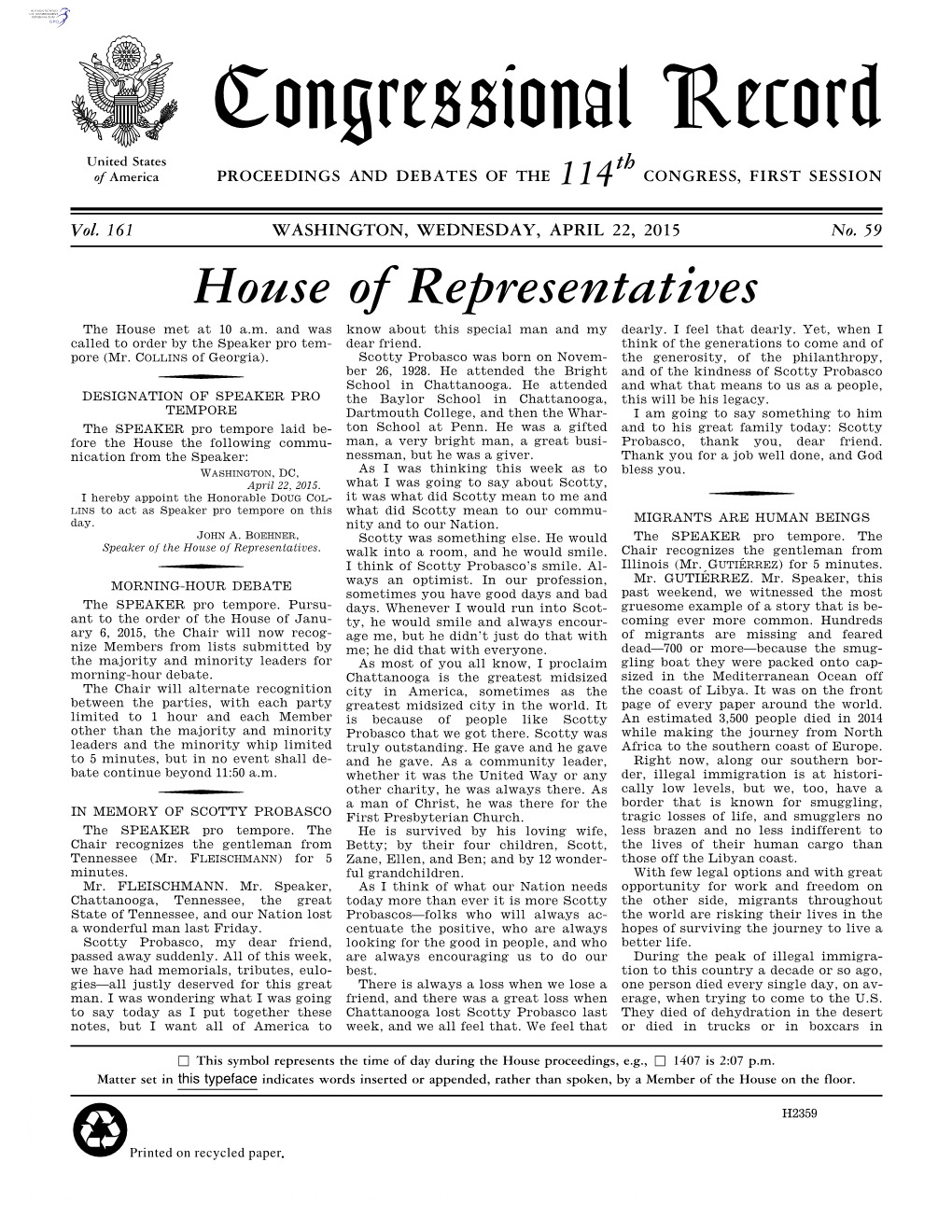 Congressional Record United States Th of America PROCEEDINGS and DEBATES of the 114 CONGRESS, FIRST SESSION