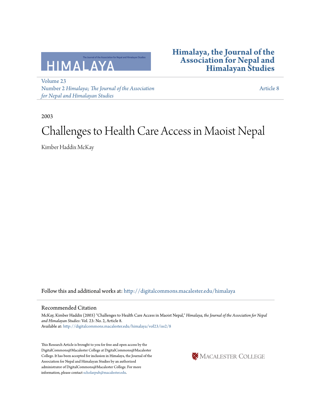 Challenges to Health Care Access in Maoist Nepal Kimber Haddix Mckay