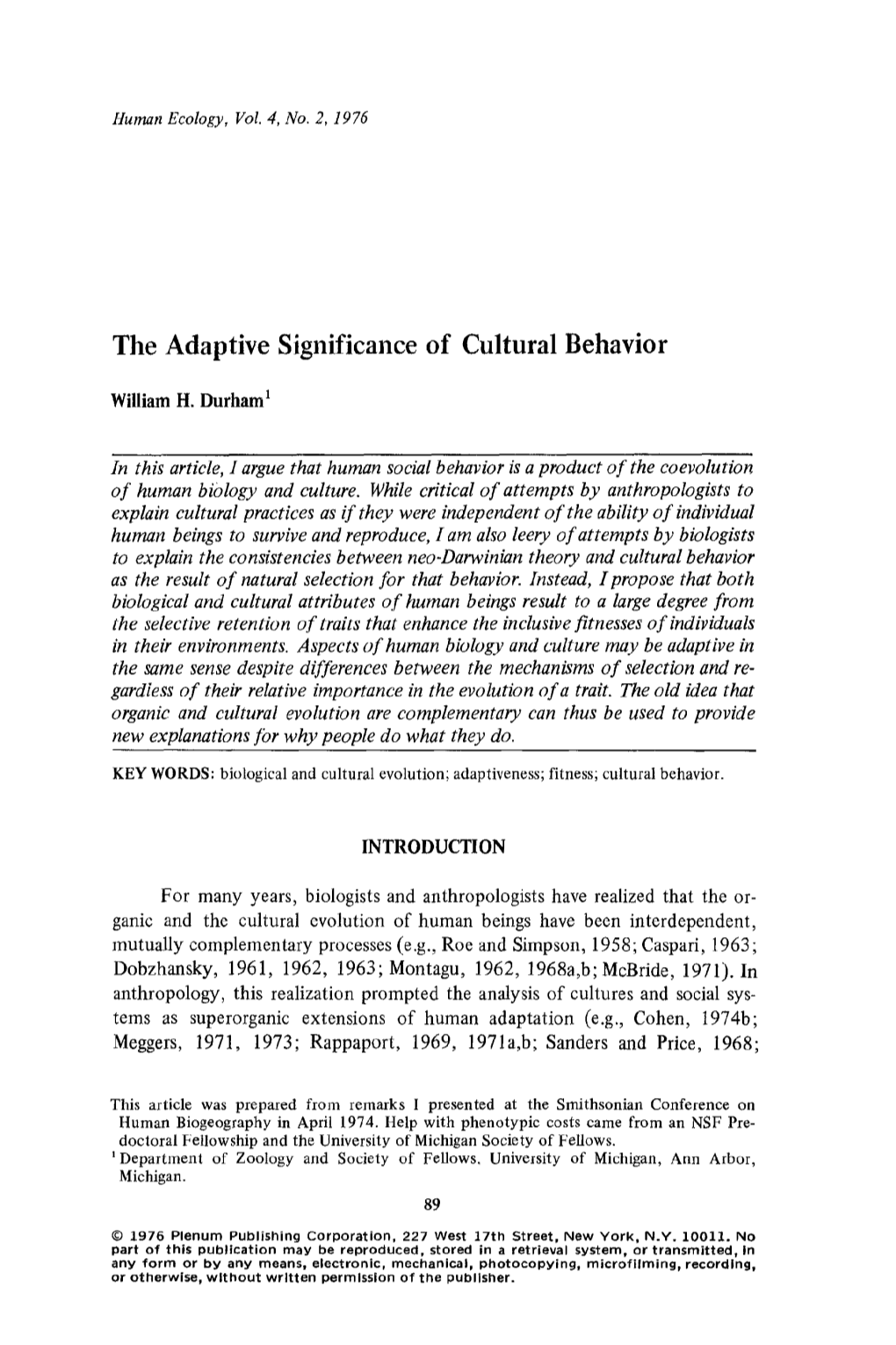 The Adaptive Significance of Cultural Behavior