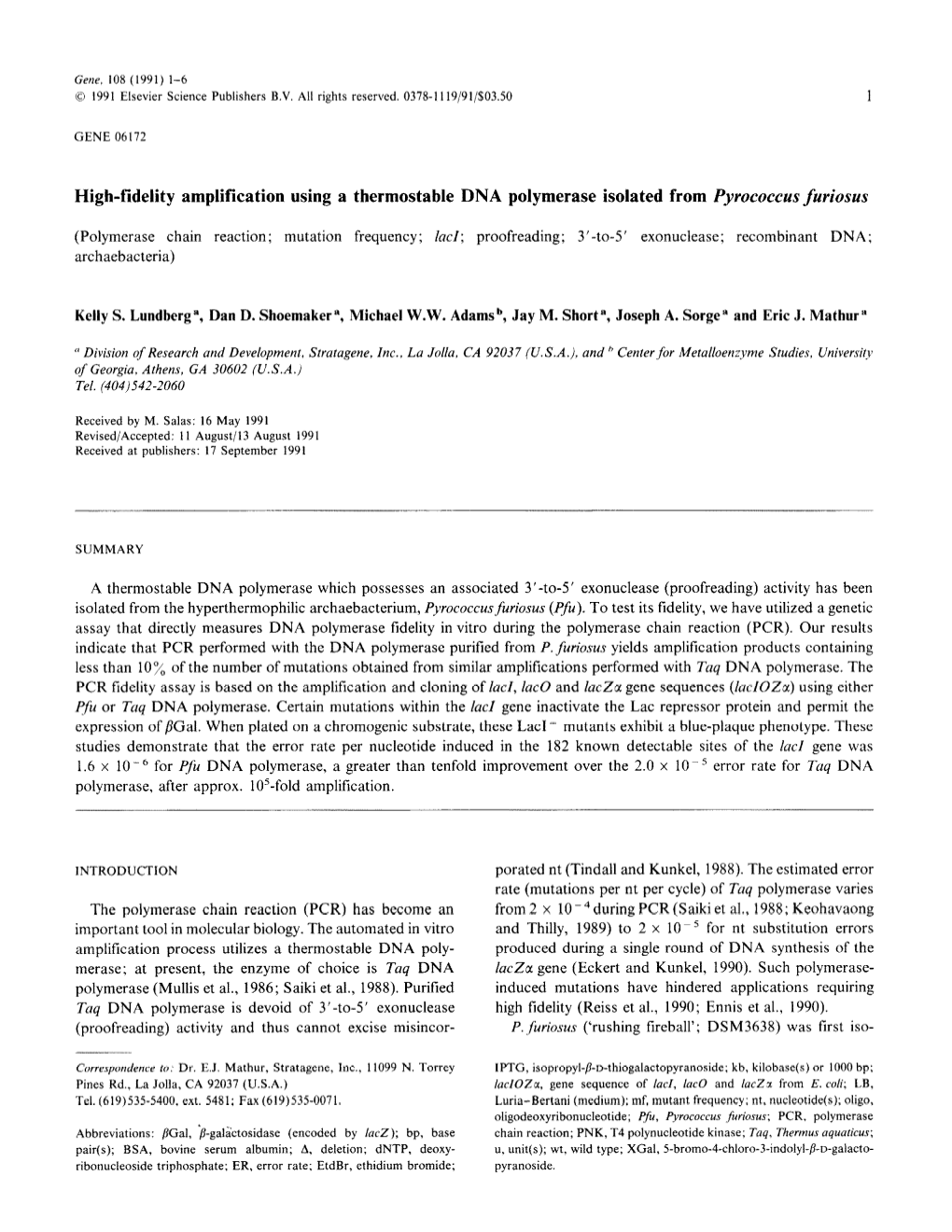 High-Fidelity Amplification Using a Thermostable DNA Polymerase Isolated from P’~Ococcusfuriosus