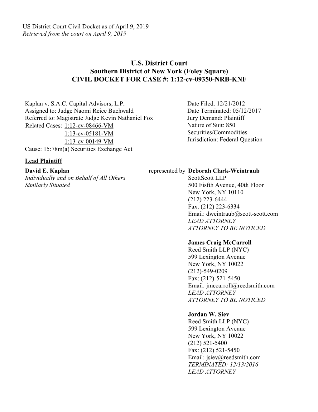 Kaplan V. S.A.C. Capital Advisors, L.P. 12-CV-09350-U.S. District Court