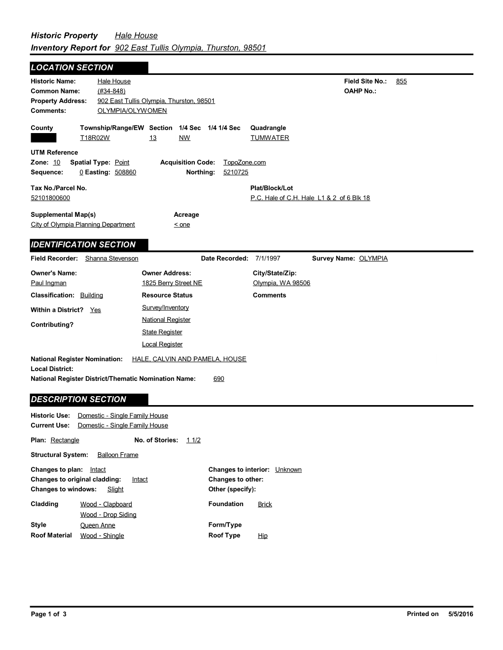 Historic Property Hale House Inventory Report for 902 East Tullis Olympia, Thurston, 98501