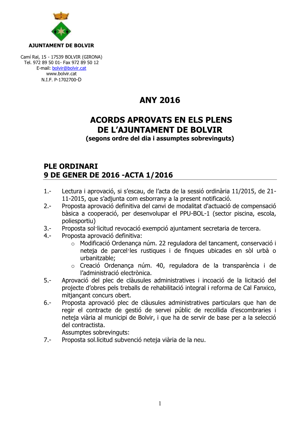 Ple Ordinari 9 De Gener De 2016 -Acta 1/2016