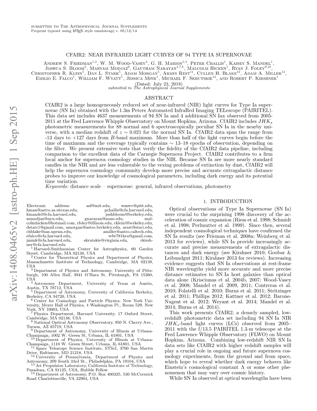 CFAIR2: NEAR INFRARED LIGHT CURVES of 94 TYPE IA SUPERNOVAE Andrew S