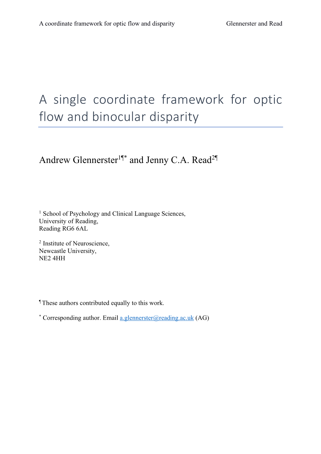 A Single Coordinate Framework for Optic Flow and Binocular Disparity