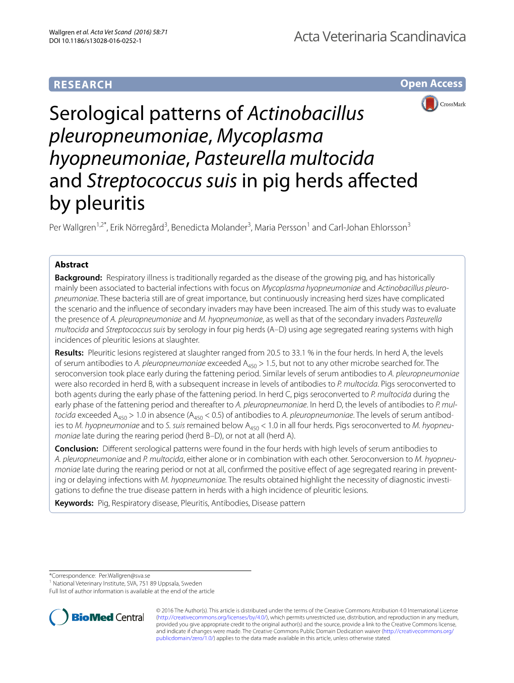 Serological Patterns of Actinobacillus Pleuropneumoniae, Mycoplasma