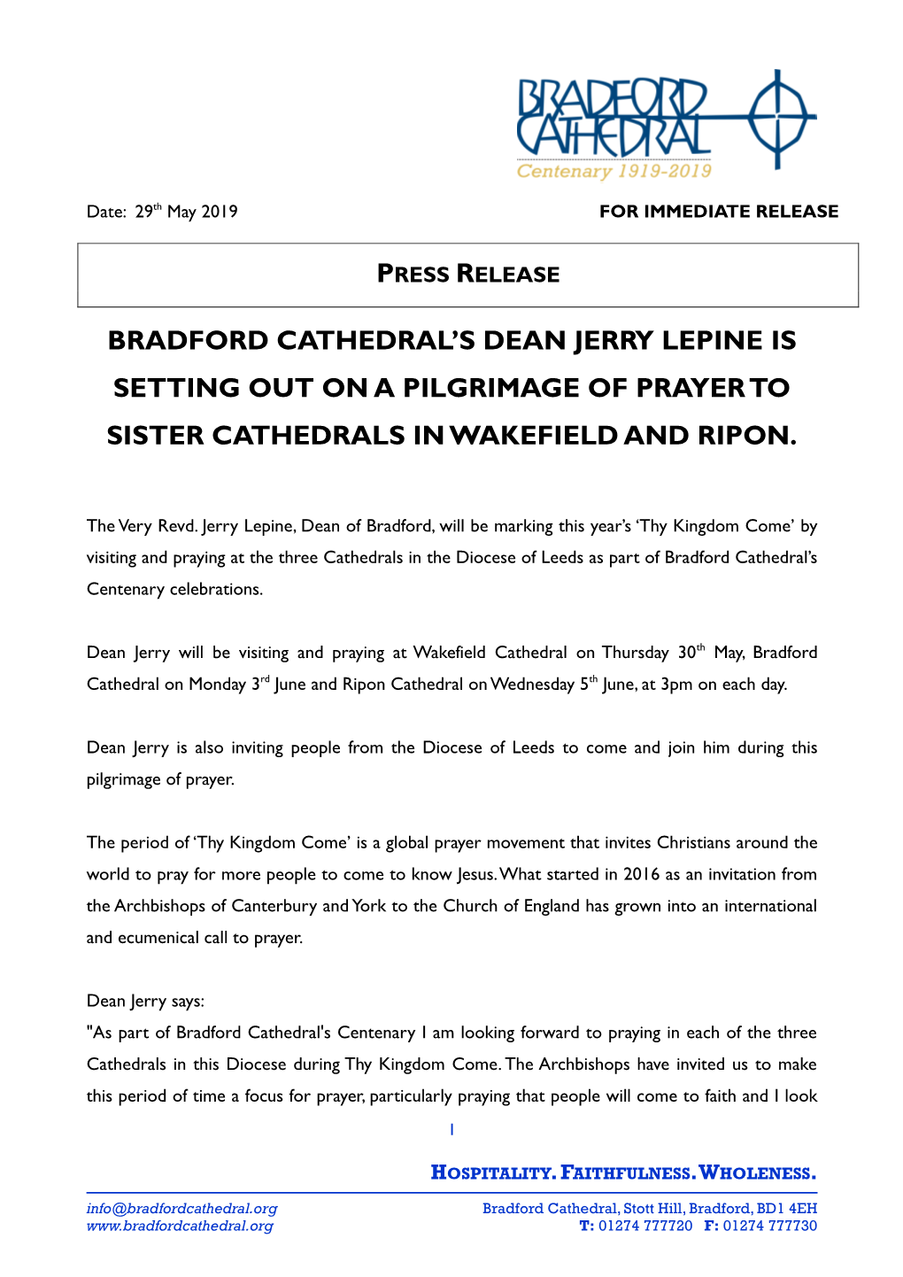 Bradford Cathedral's Dean Jerry Lepine Is Setting Out