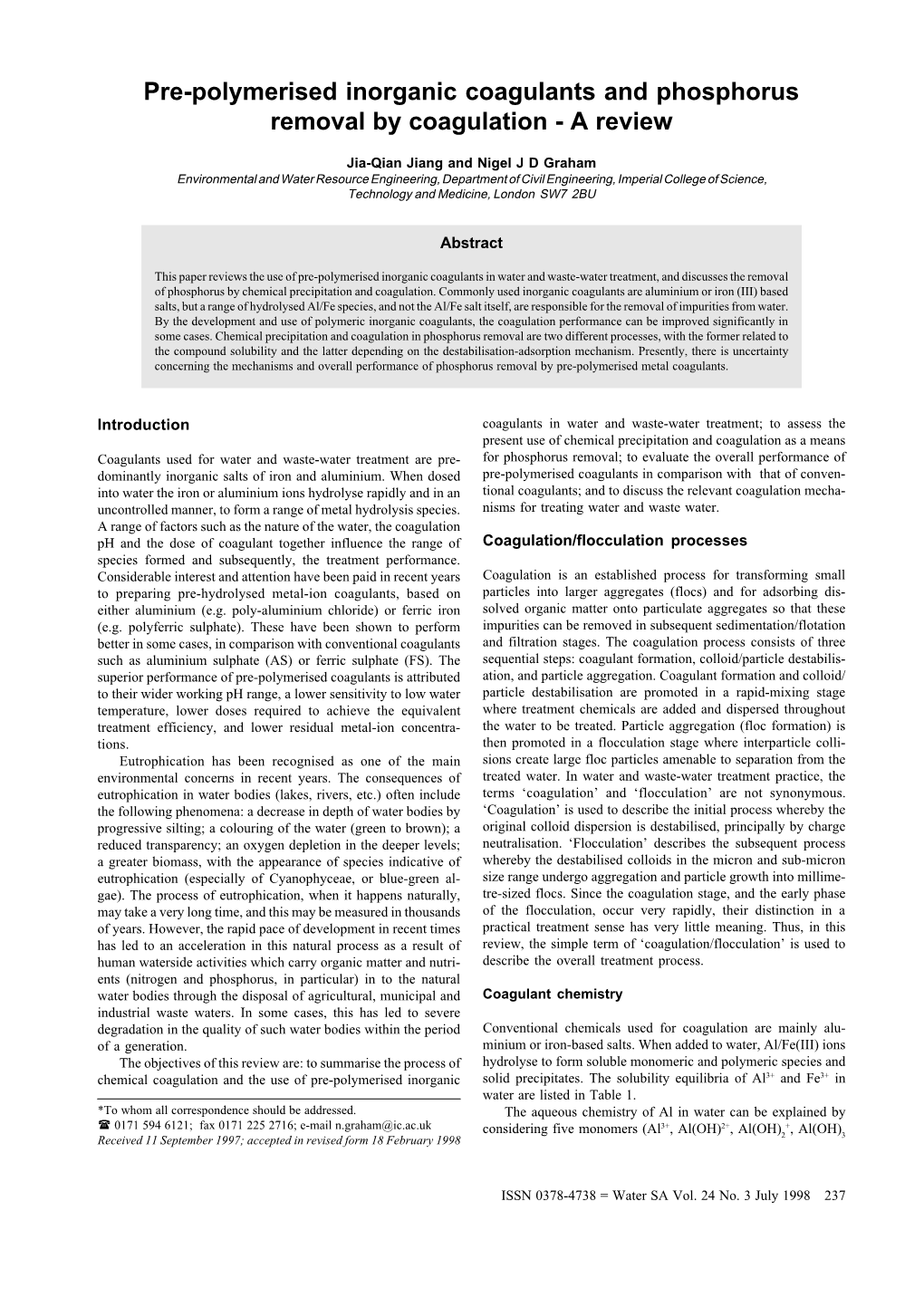 Pre-Polymerised Inorganic Coagulants and Phosphorus Removal by Coagulation - a Review