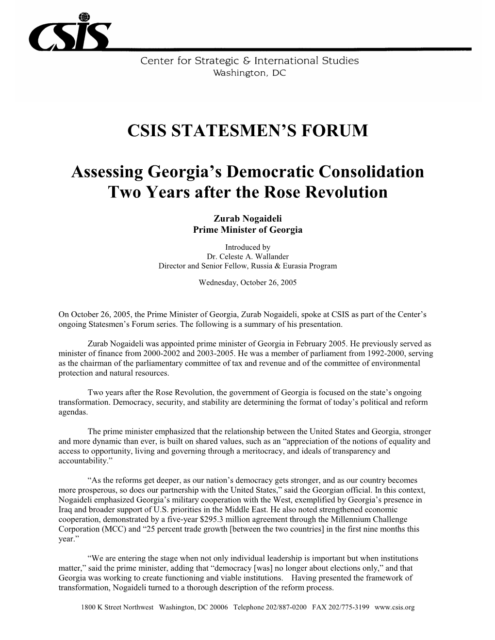 CSIS STATESMEN's FORUM Assessing Georgia's Democratic