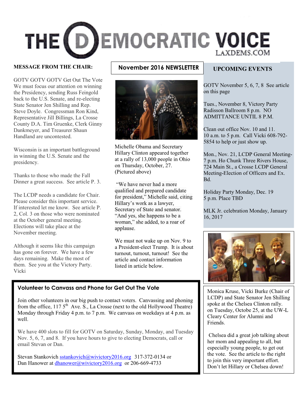 UPCOMING EVENTS November 2016 NEWSLETTER