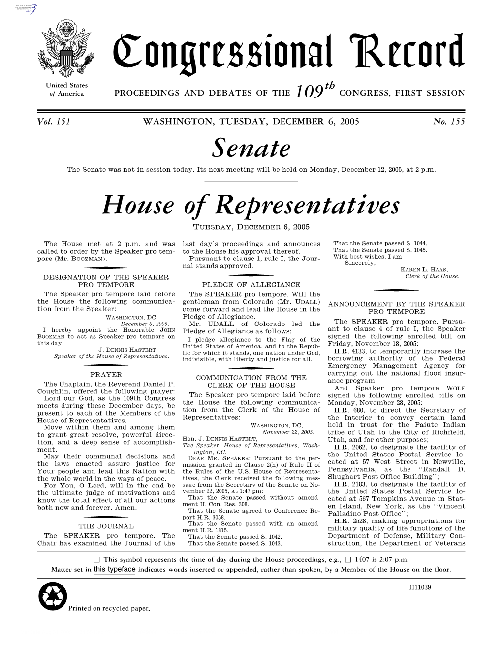 Congressional Record United States Th of America PROCEEDINGS and DEBATES of the 109 CONGRESS, FIRST SESSION