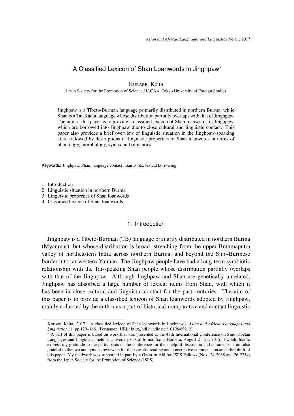 A Classified Lexicon of Shan Loanwords in Jinghpaw