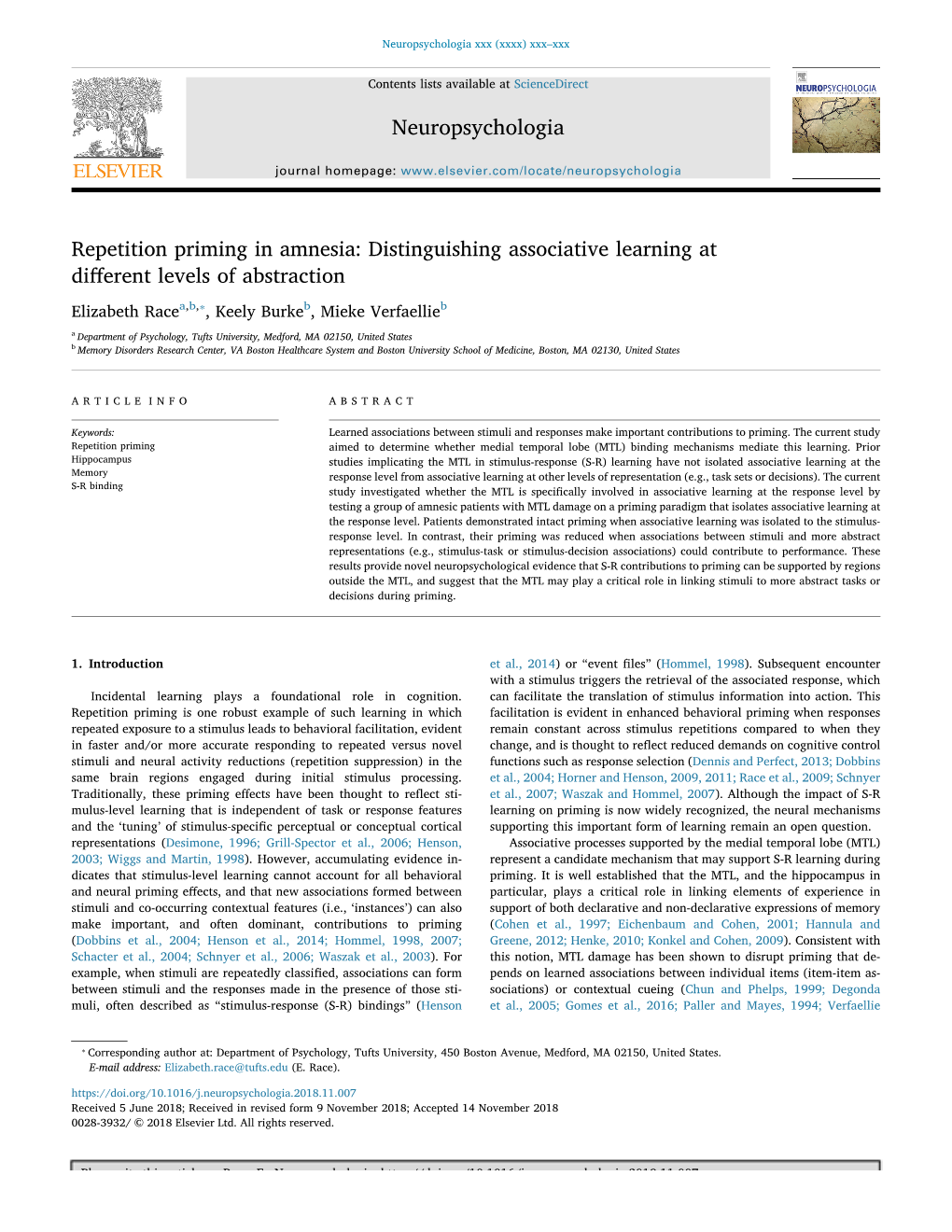 Neuropsychologia Repetition Priming in Amnesia