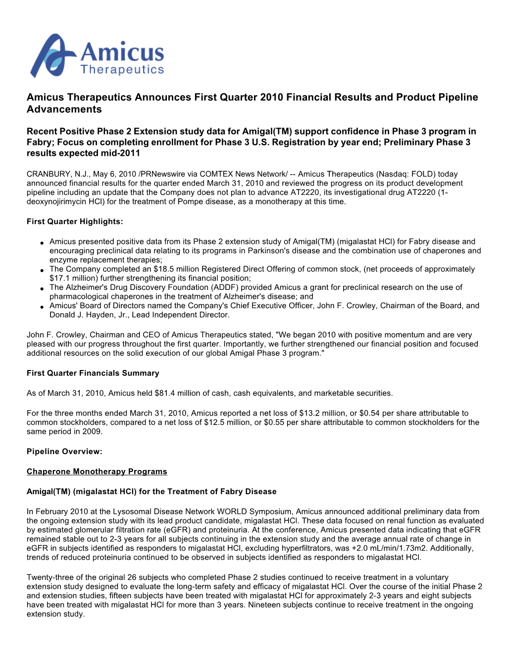 Amicus Therapeutics Announces First Quarter 2010 Financial Results and Product Pipeline Advancements