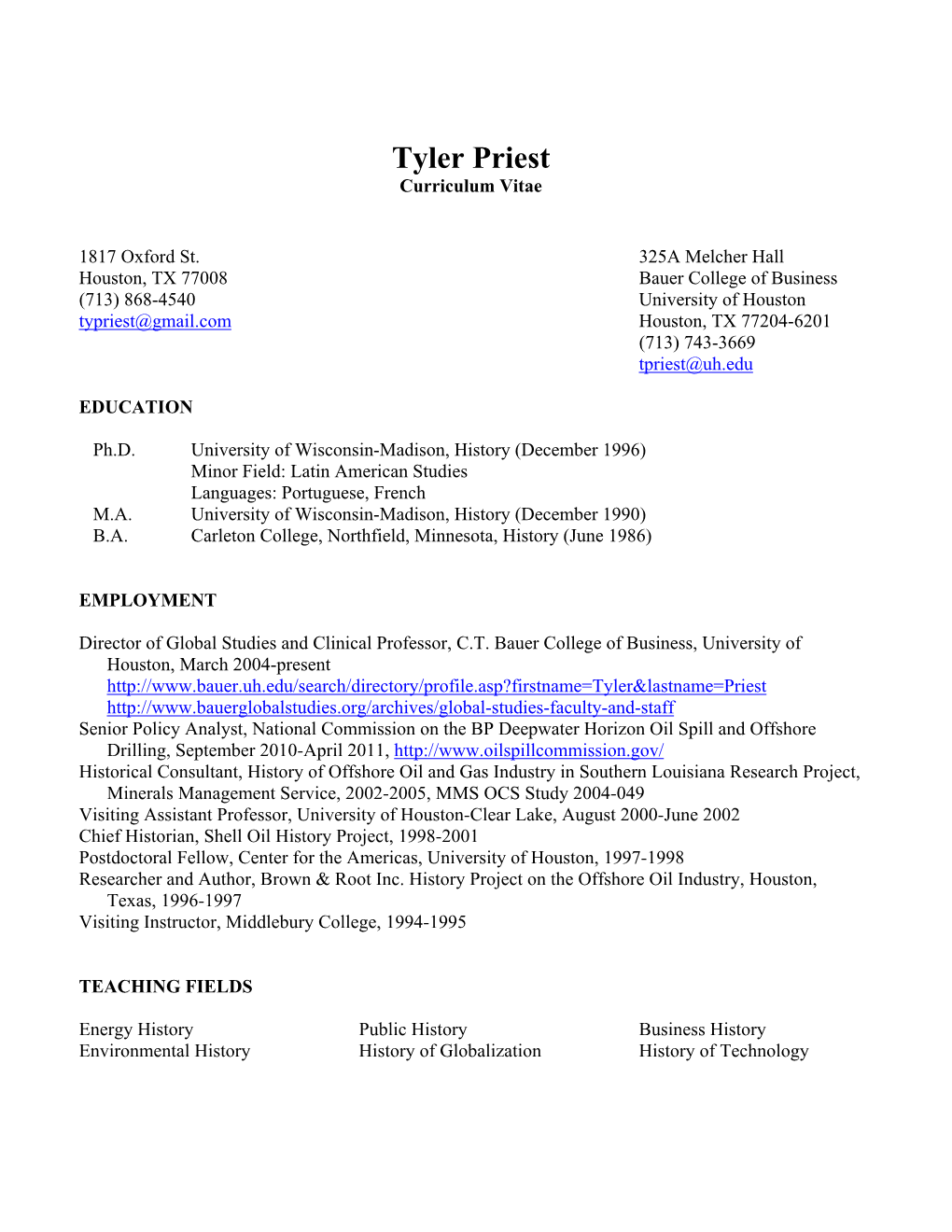 Tyler Priest Curriculum Vitae