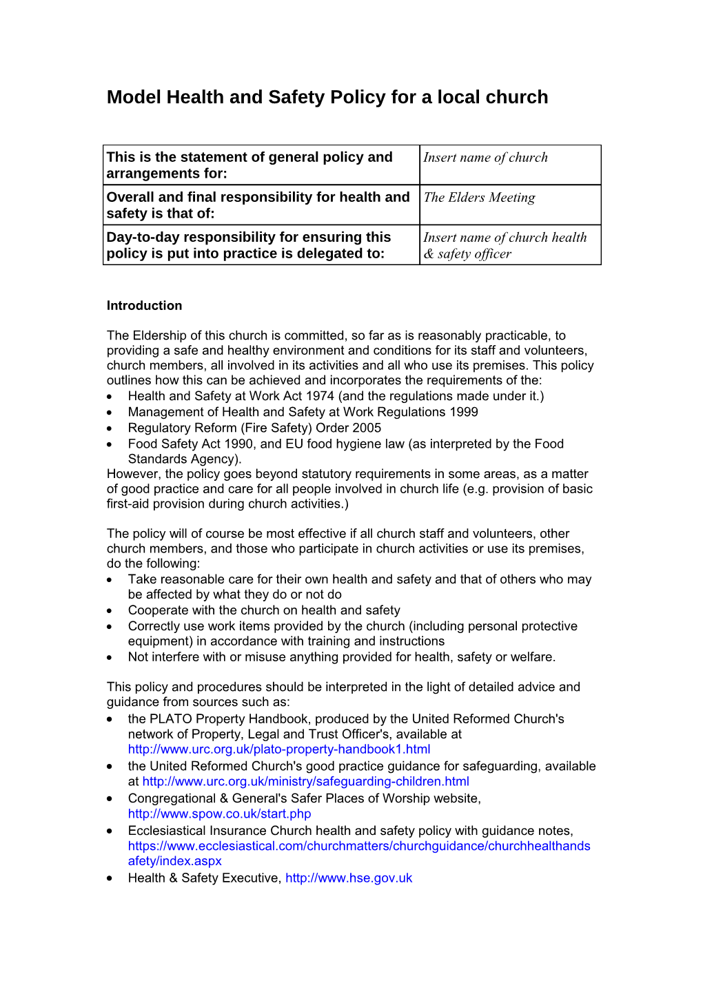 Model Health and Safety Policy for a Local Church