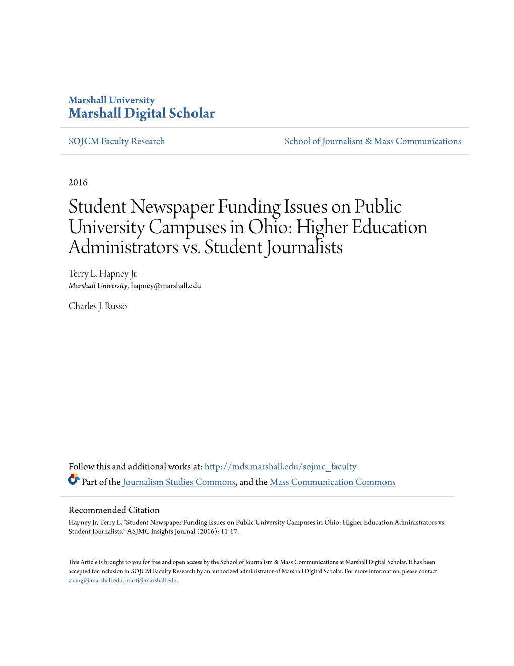 Student Newspaper Funding Issues on Public University Campuses in Ohio: Higher Education Administrators Vs