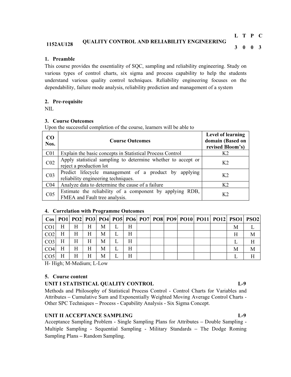 Quality Control and Reliability Engineering 1152Au128 3 0 0 3