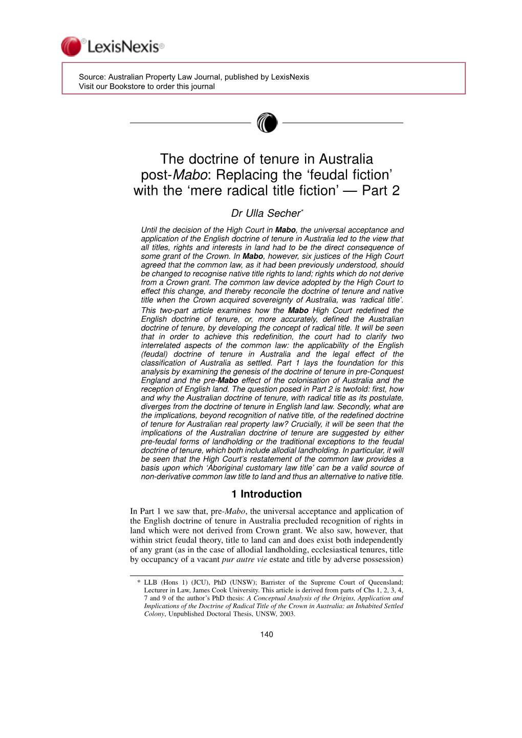 The Doctrine of Tenure in Australia Post-Mabo: Replacing the 'Feudal Fiction'