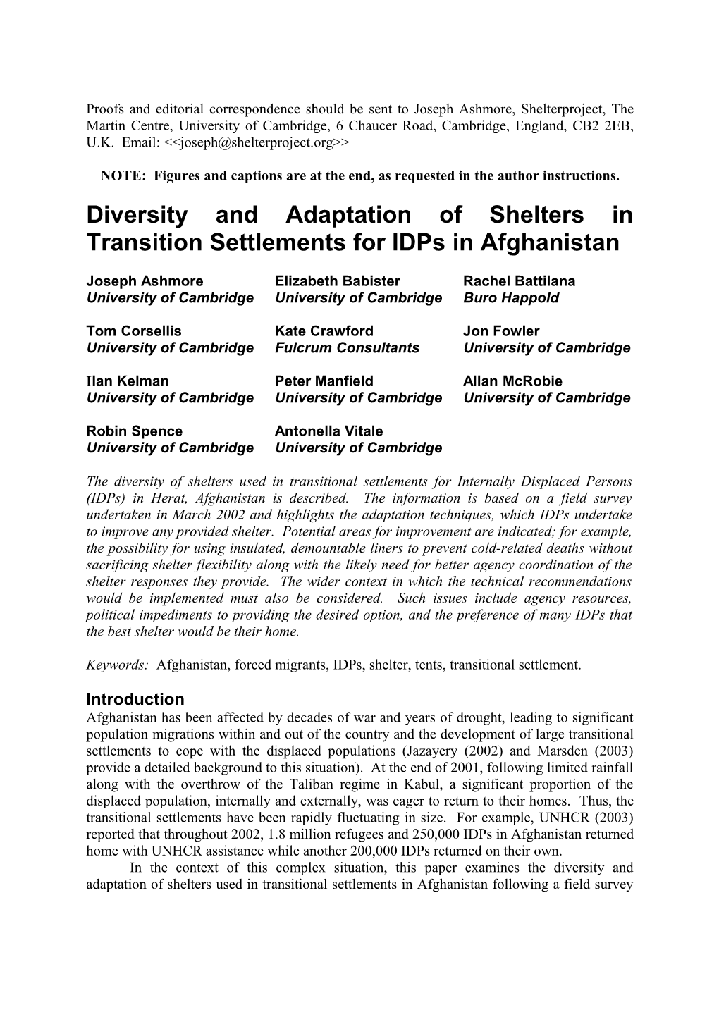 Overview of Shelter in Forced Migrant Camps in Afghanistan