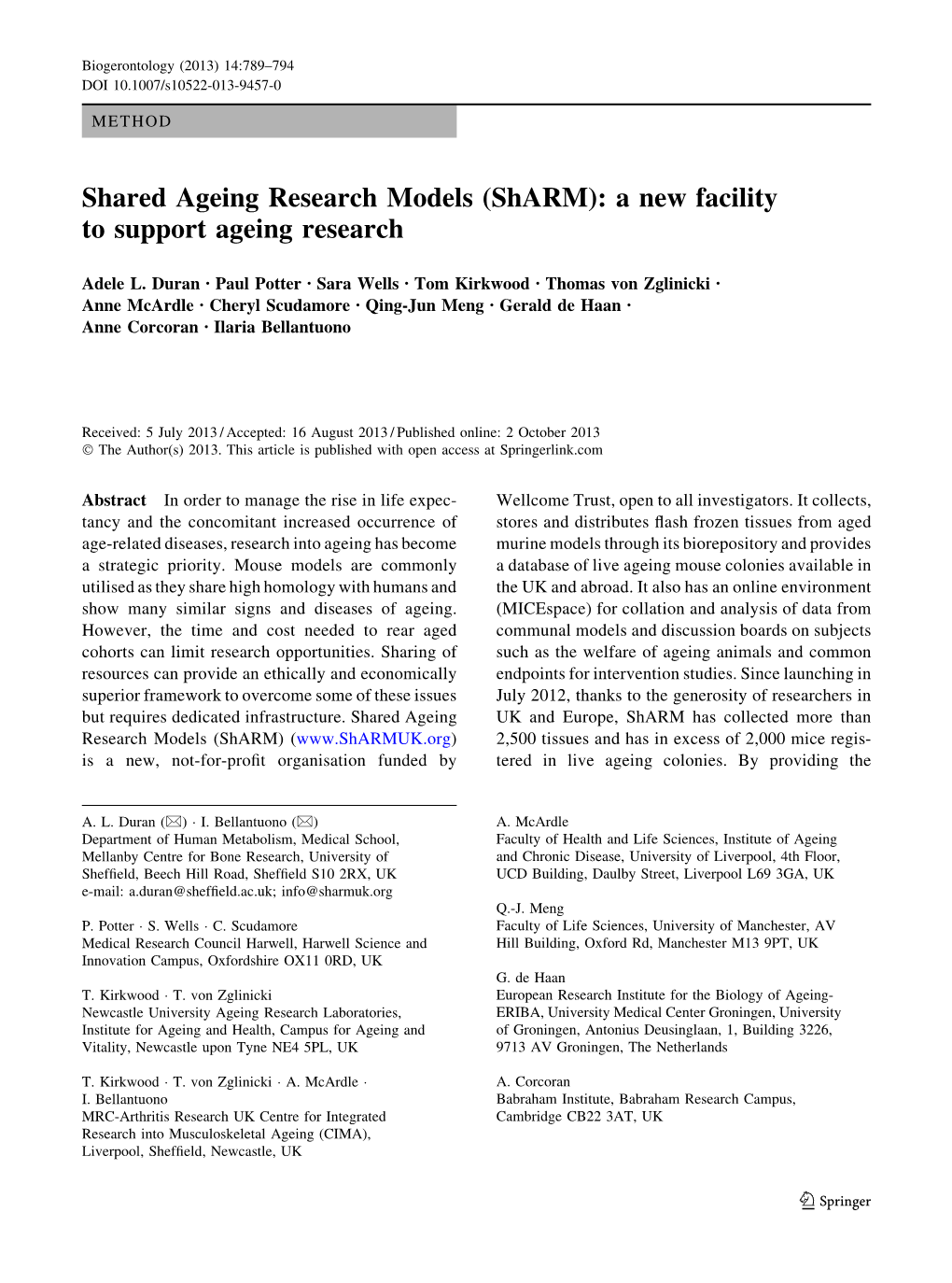 Shared Ageing Research Models (Sharm): a New Facility to Support Ageing Research